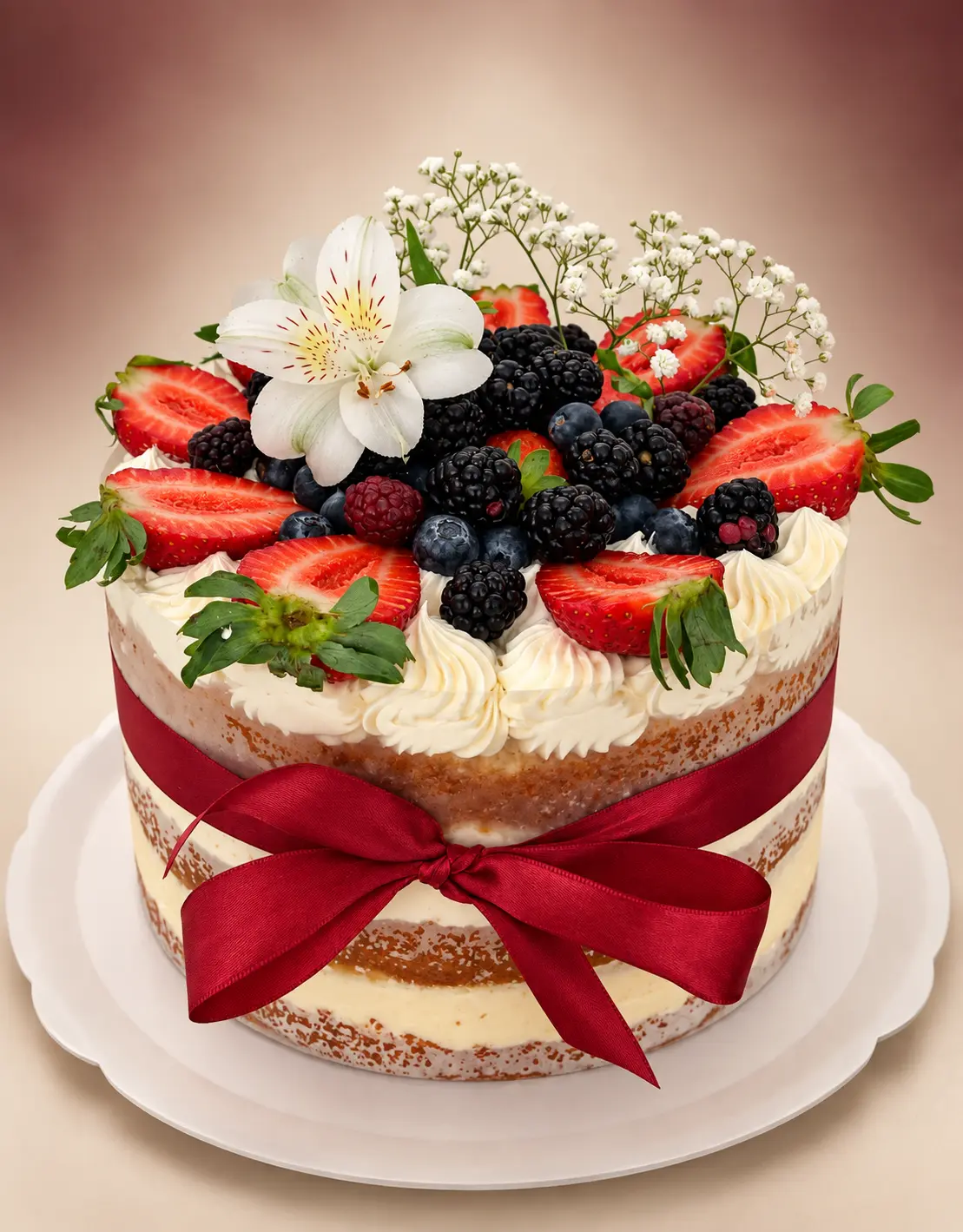 Bolo delicado decorado com frutas e flores