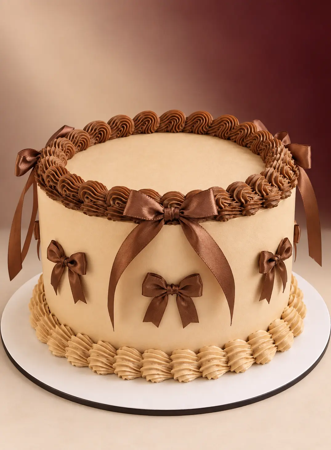Bolo em tons de creme com laços de chocolate